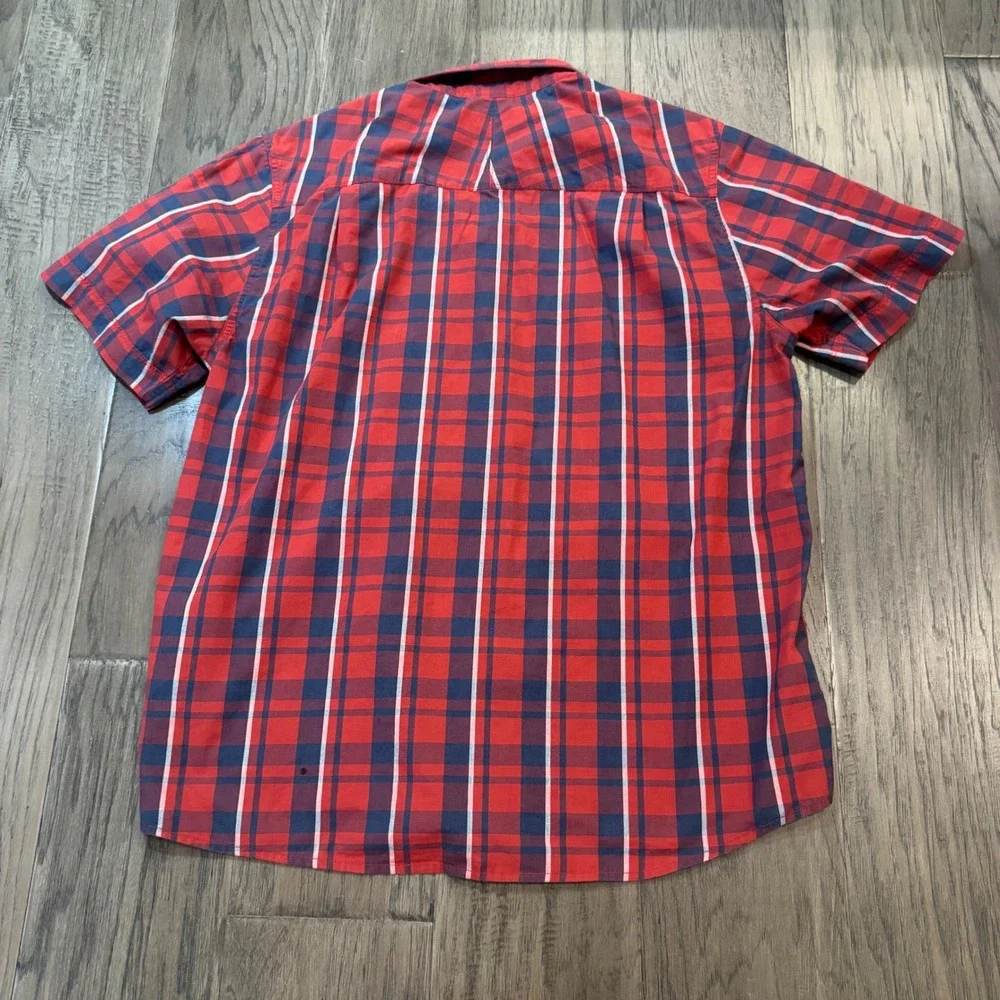 The North Face‎ Mens Large Plaid Button Down Short Sleeve Shirt Red Blue Casual